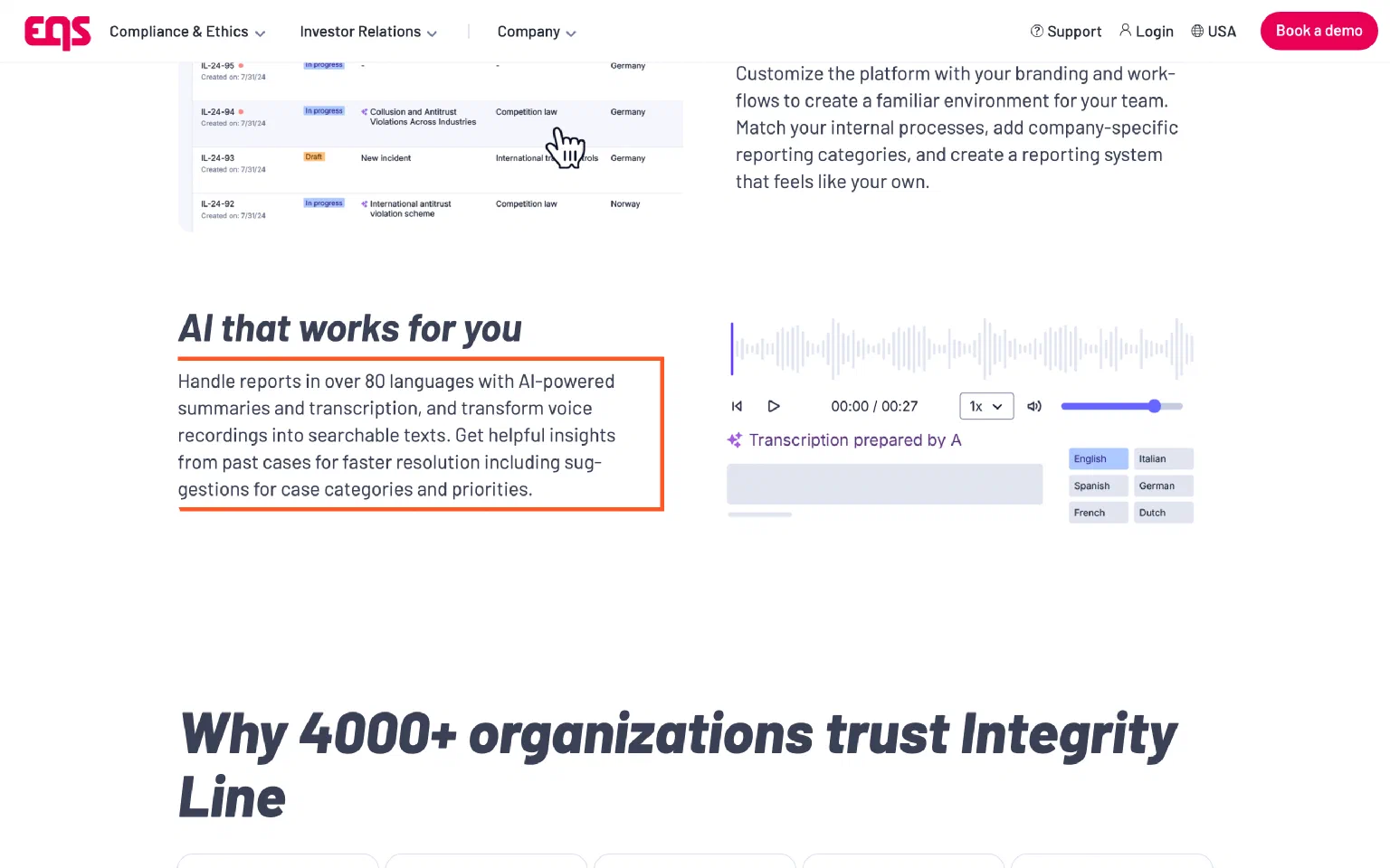 EQS Integrity Line — “AI that works for you”: AI-powered summaries, transcription of voice recordings, case-category suggestions