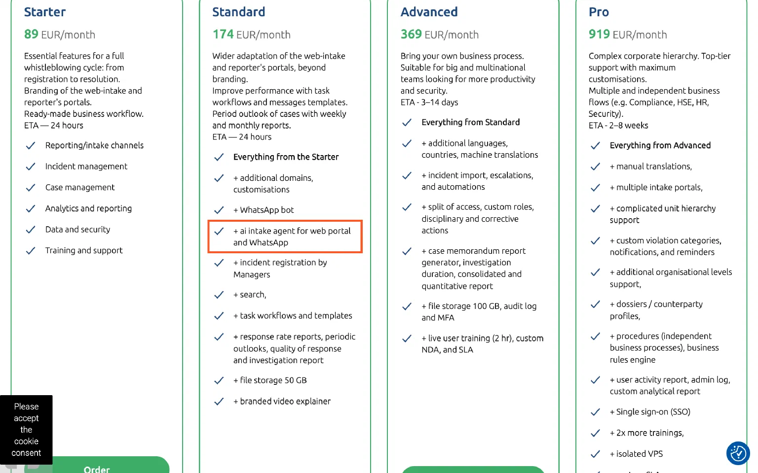 Ethicontrol pricing — Standard tier includes “+ ai intake agent for web portal and WhatsApp”