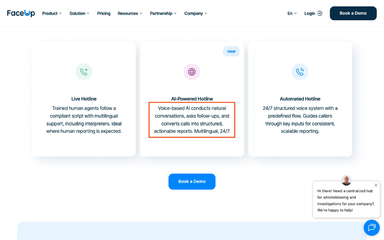 FaceUp three-tier hotline comparison — “AI-Powered Hotline” (centre, marked “new”) with “Voice-based AI conducts natural conversations, asks follow-ups, and converts calls into structured, actionable reports”