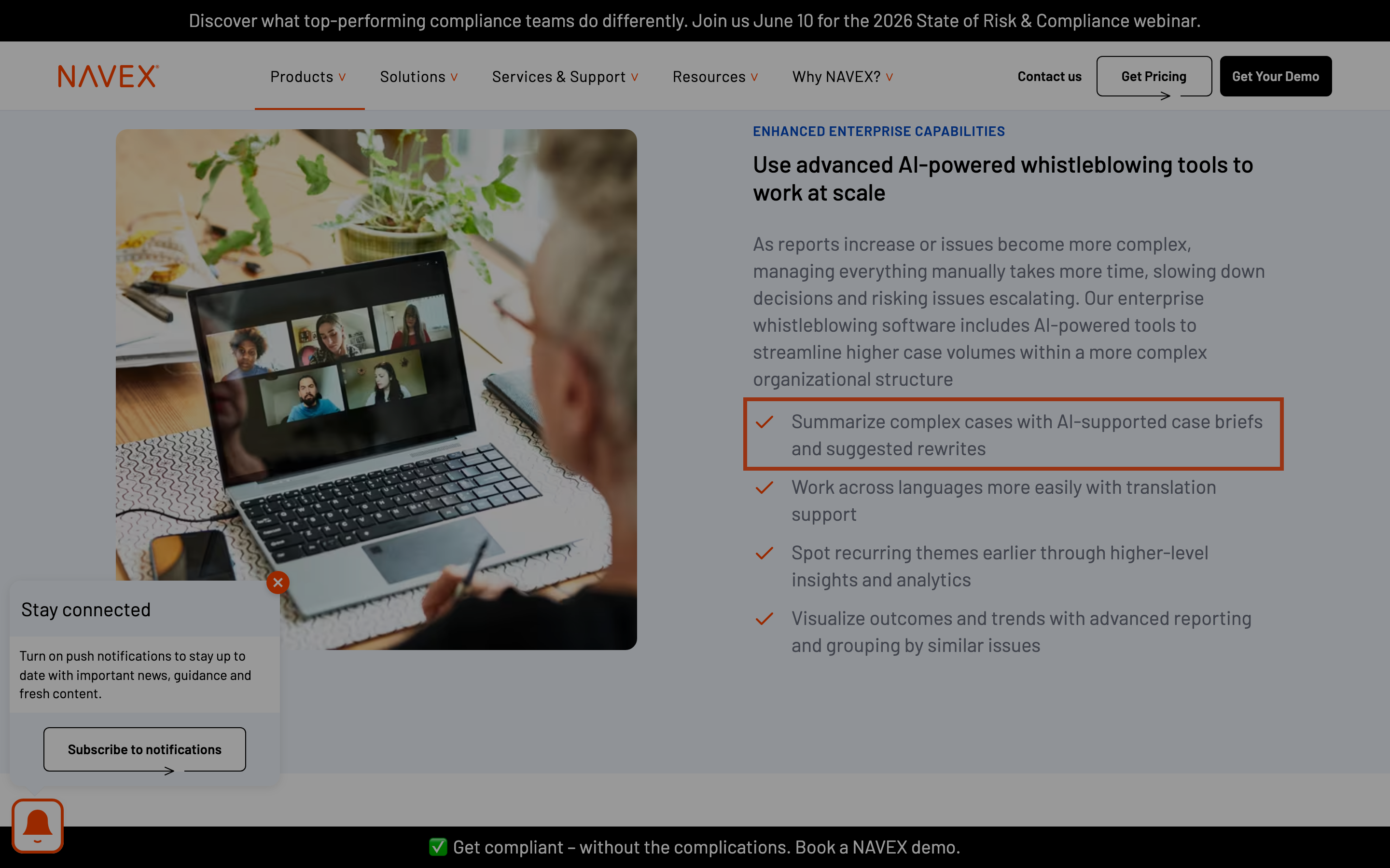 NAVEX whistleblowing platform — “Summarize complex cases with AI-supported case briefs and suggested rewrites”