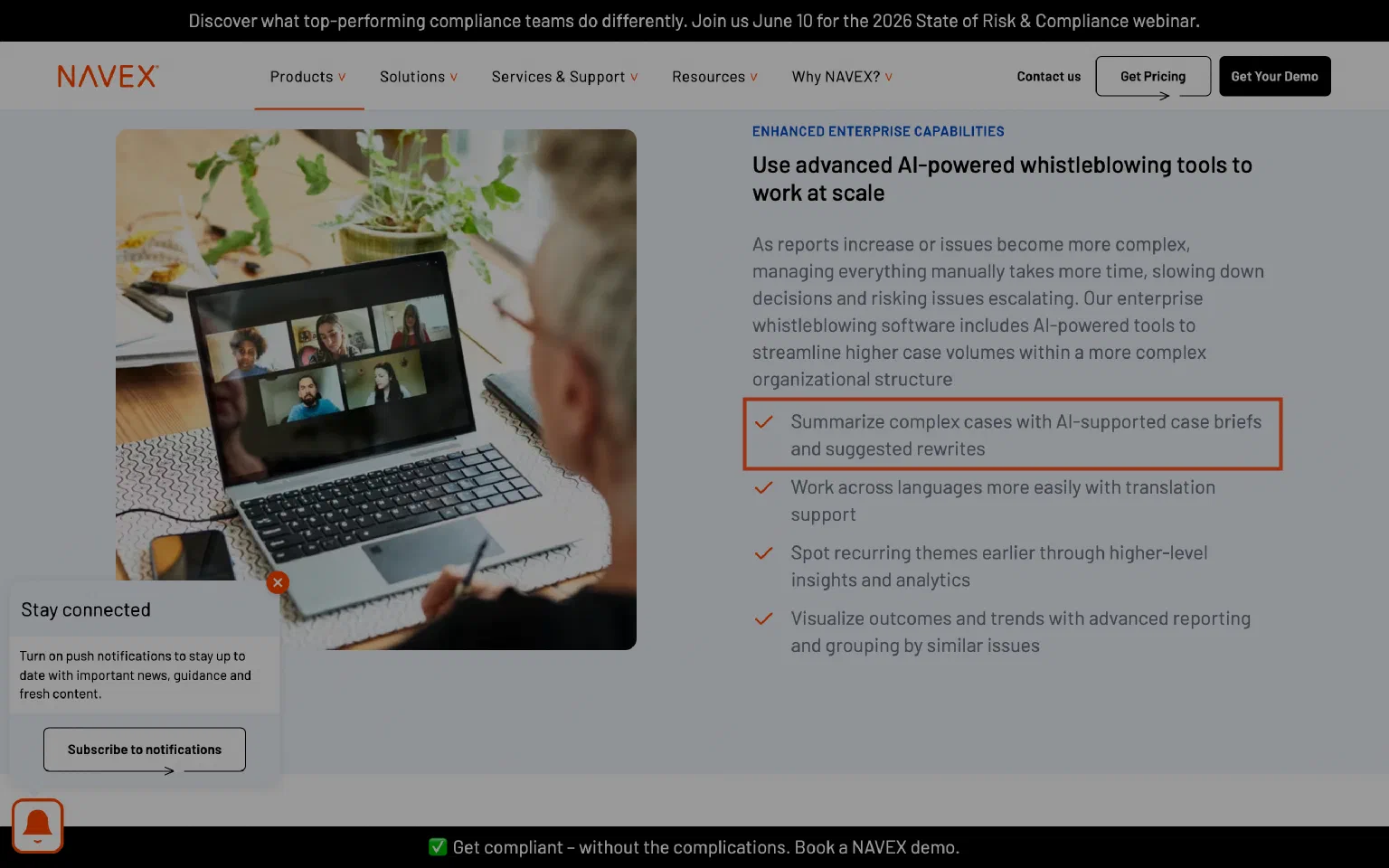 NAVEX whistleblowing platform — “Summarize complex cases with AI-supported case briefs and suggested rewrites”