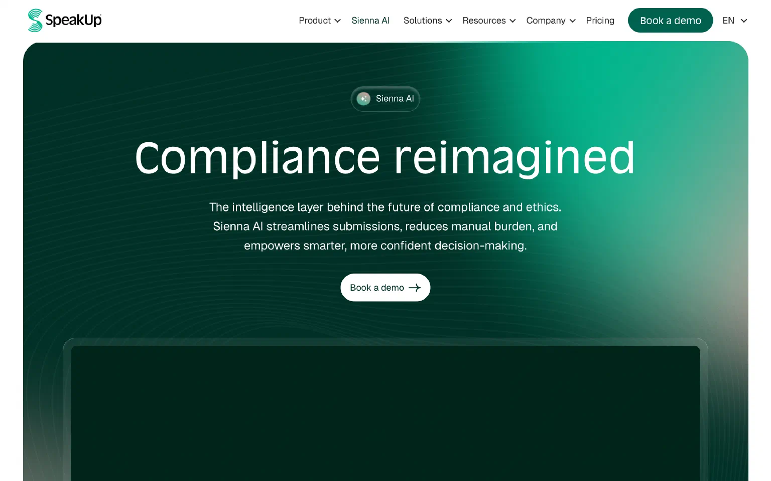 SpeakUp Sienna AI hero — “Compliance reimagined. The intelligence layer behind the future of compliance and ethics.”