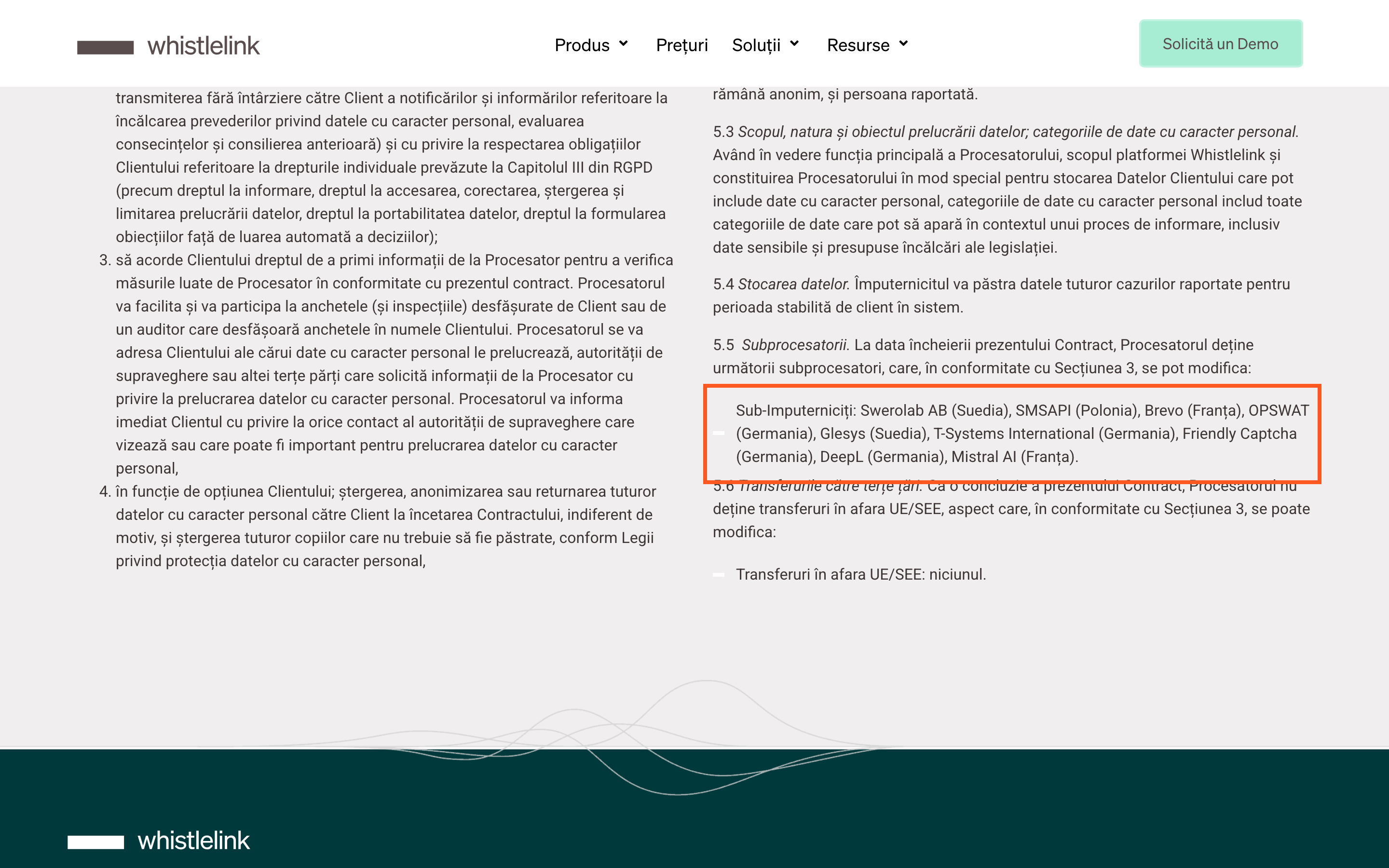 Whistlelink DPA Section 5.5 — sub-processor list naming DeepL (Germany) and Mistral AI (France)