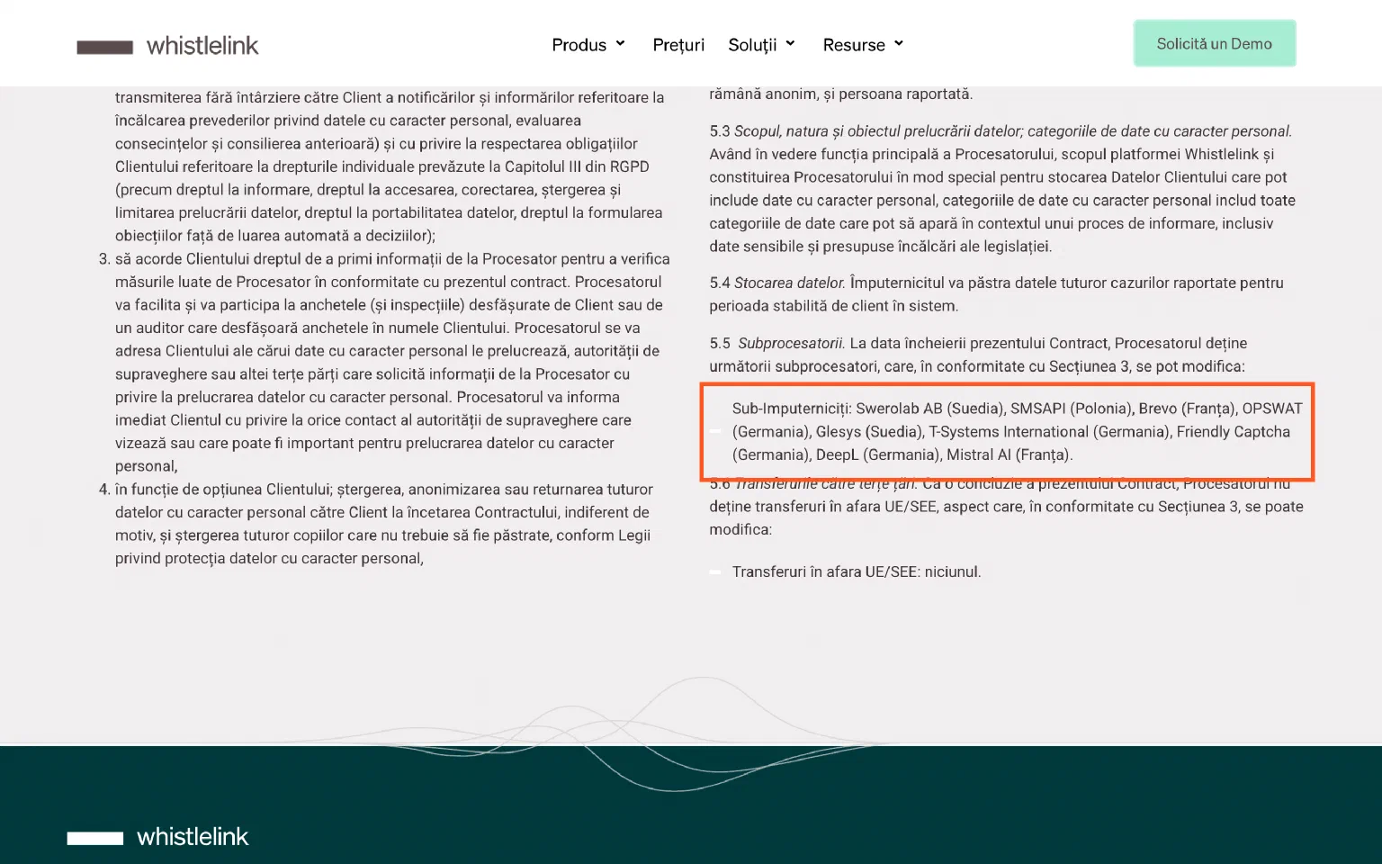 Whistlelink DPA Section 5.5 — sub-processor list naming DeepL (Germany) and Mistral AI (France)