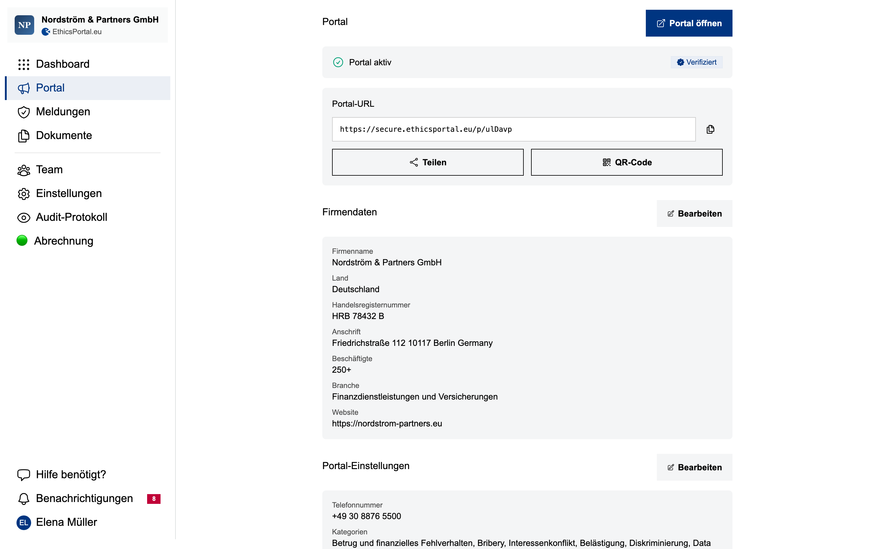 Konfigurationsoberfläche des Portals