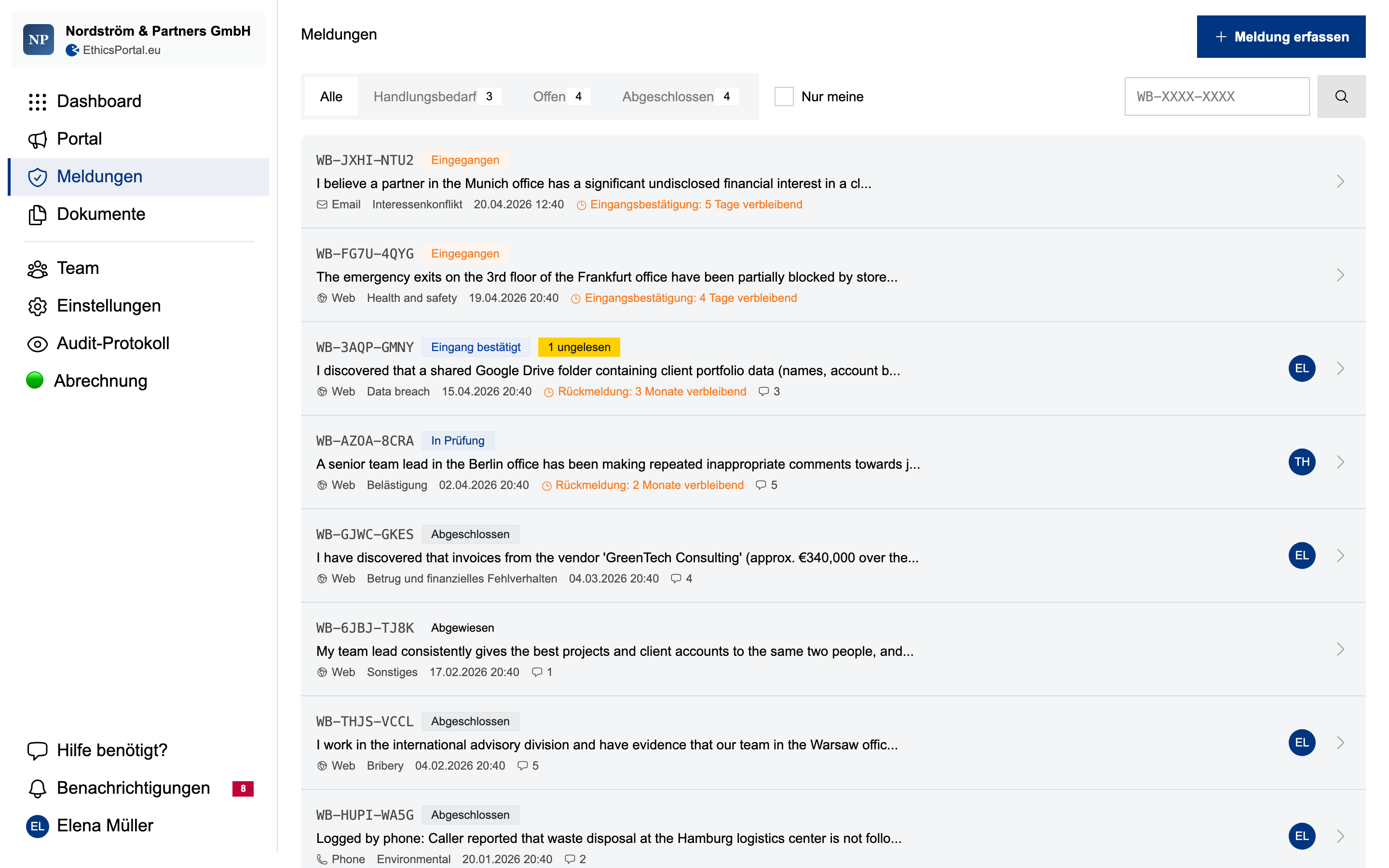 EthicsPortal-Fallliste neben dem mobilen Meldeportal für Beschäftigte