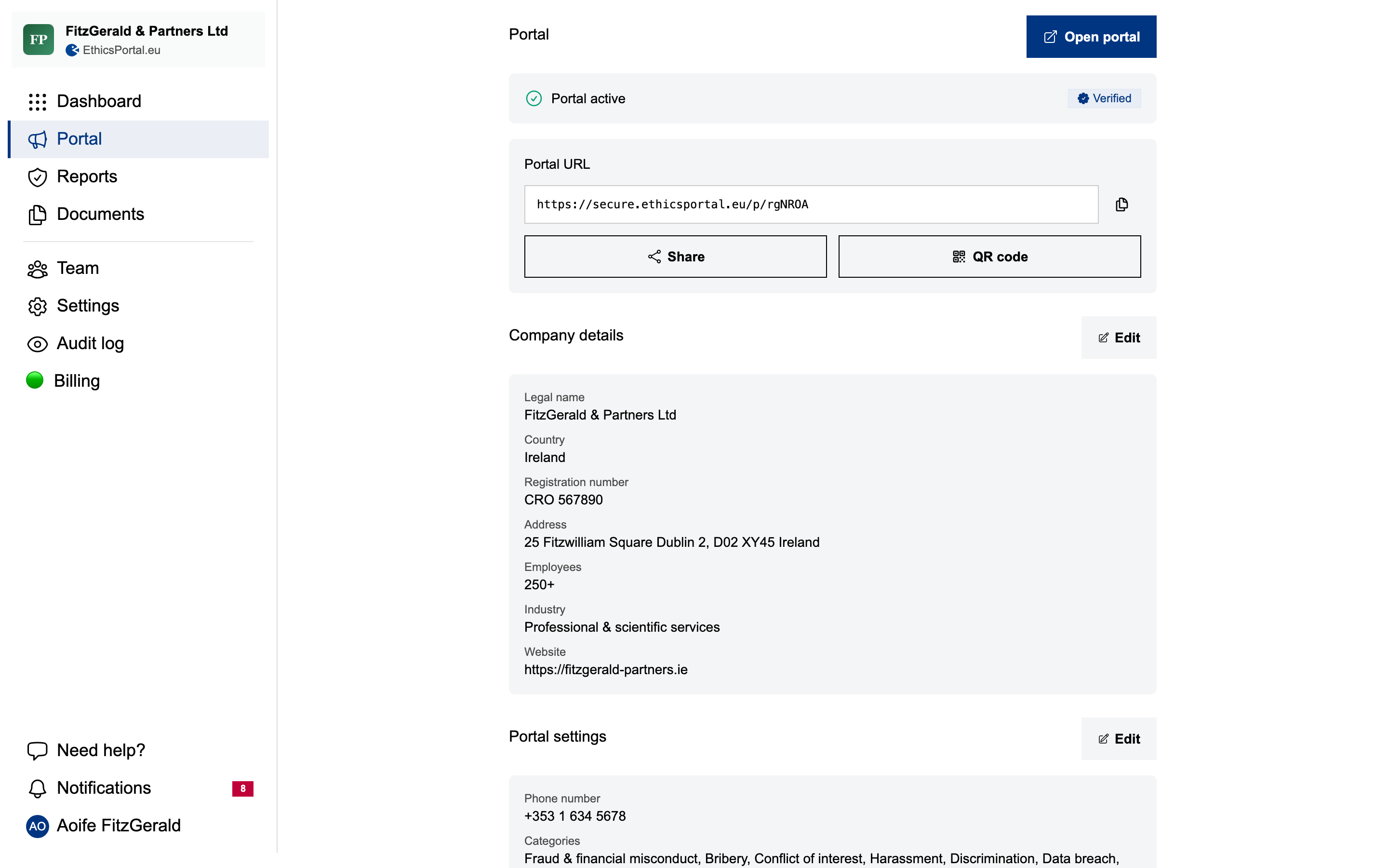 Konfigurationsoberfläche des Portals