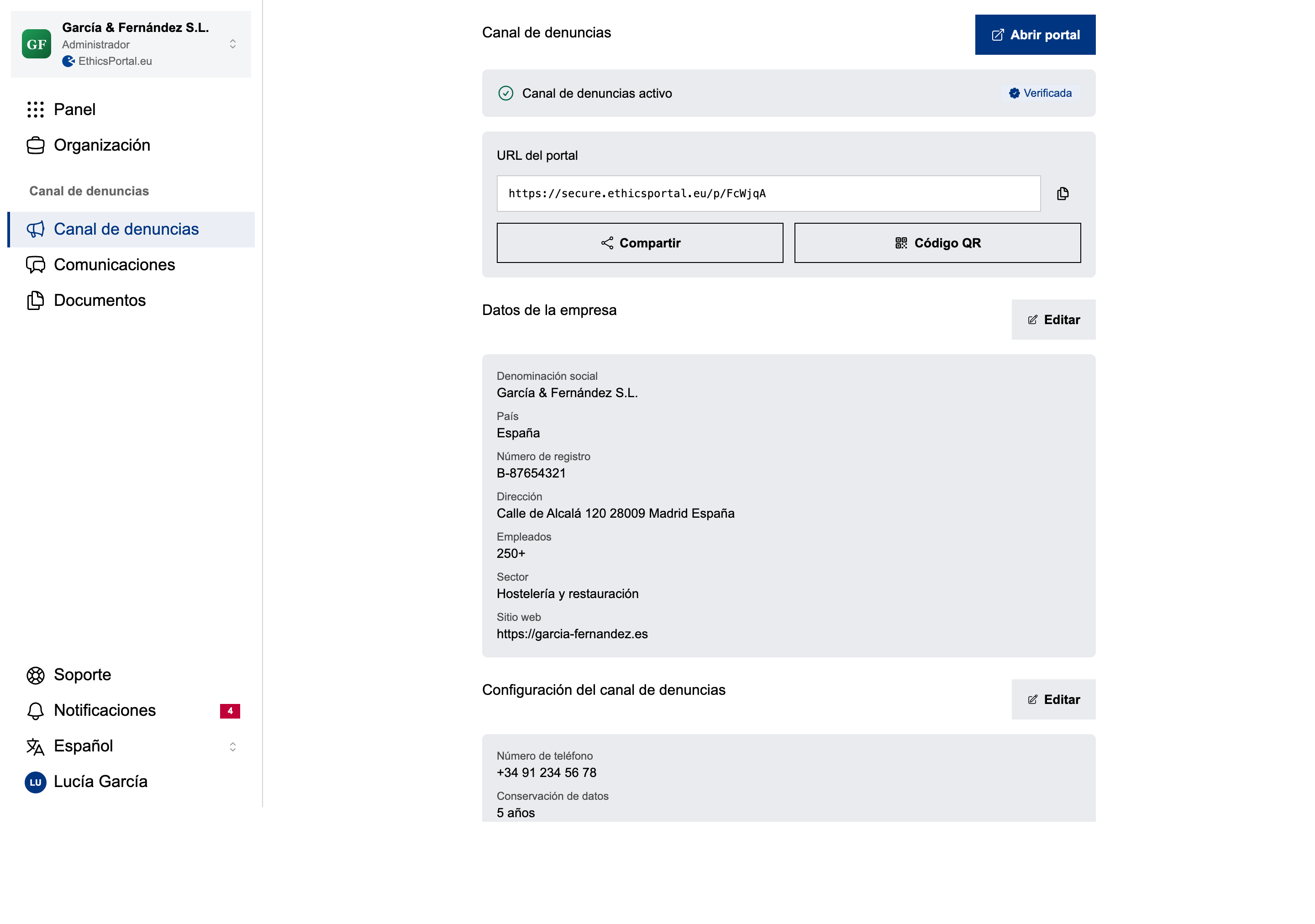 Interfaz de configuración del portal