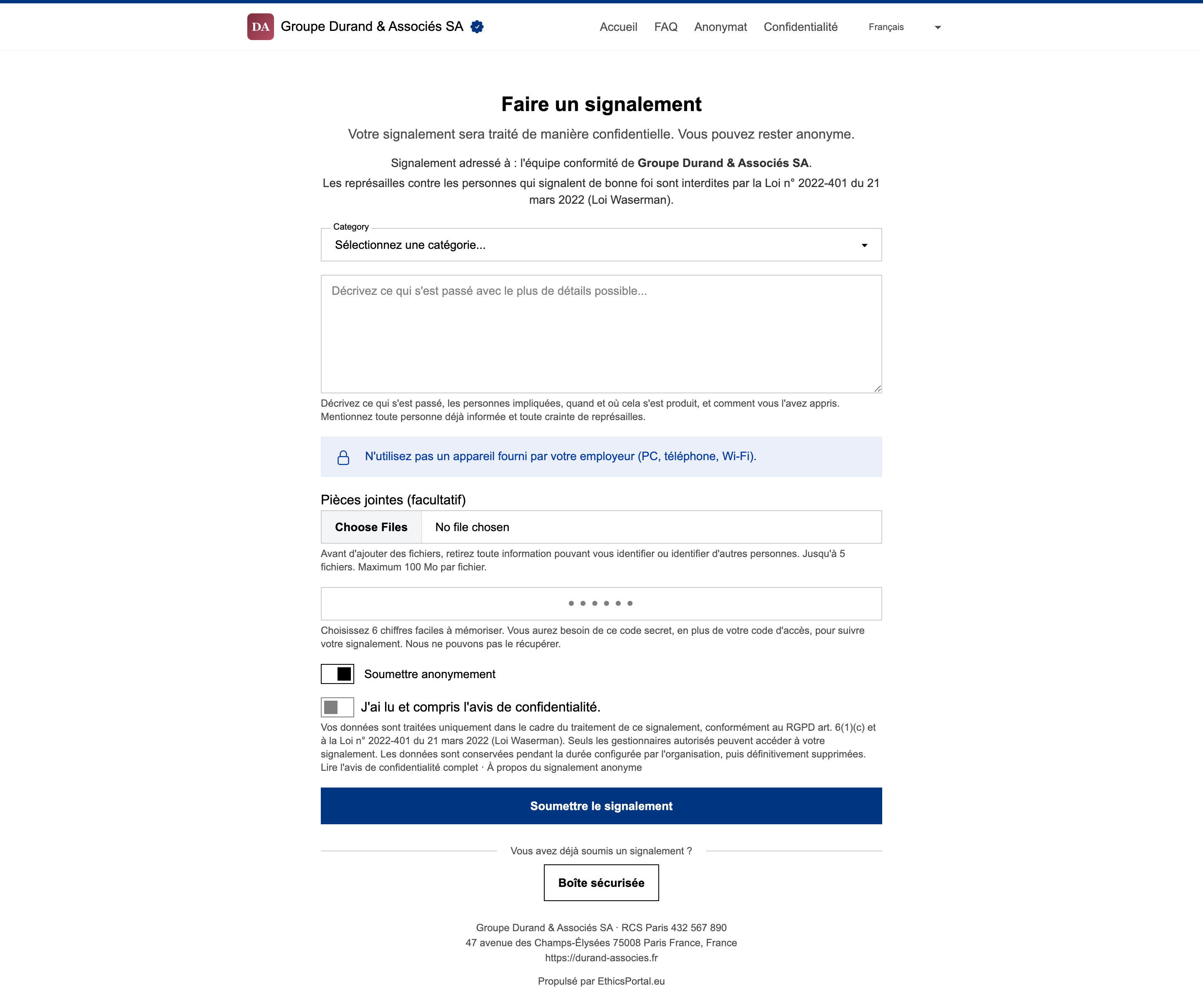Formulaire de signalement anonyme