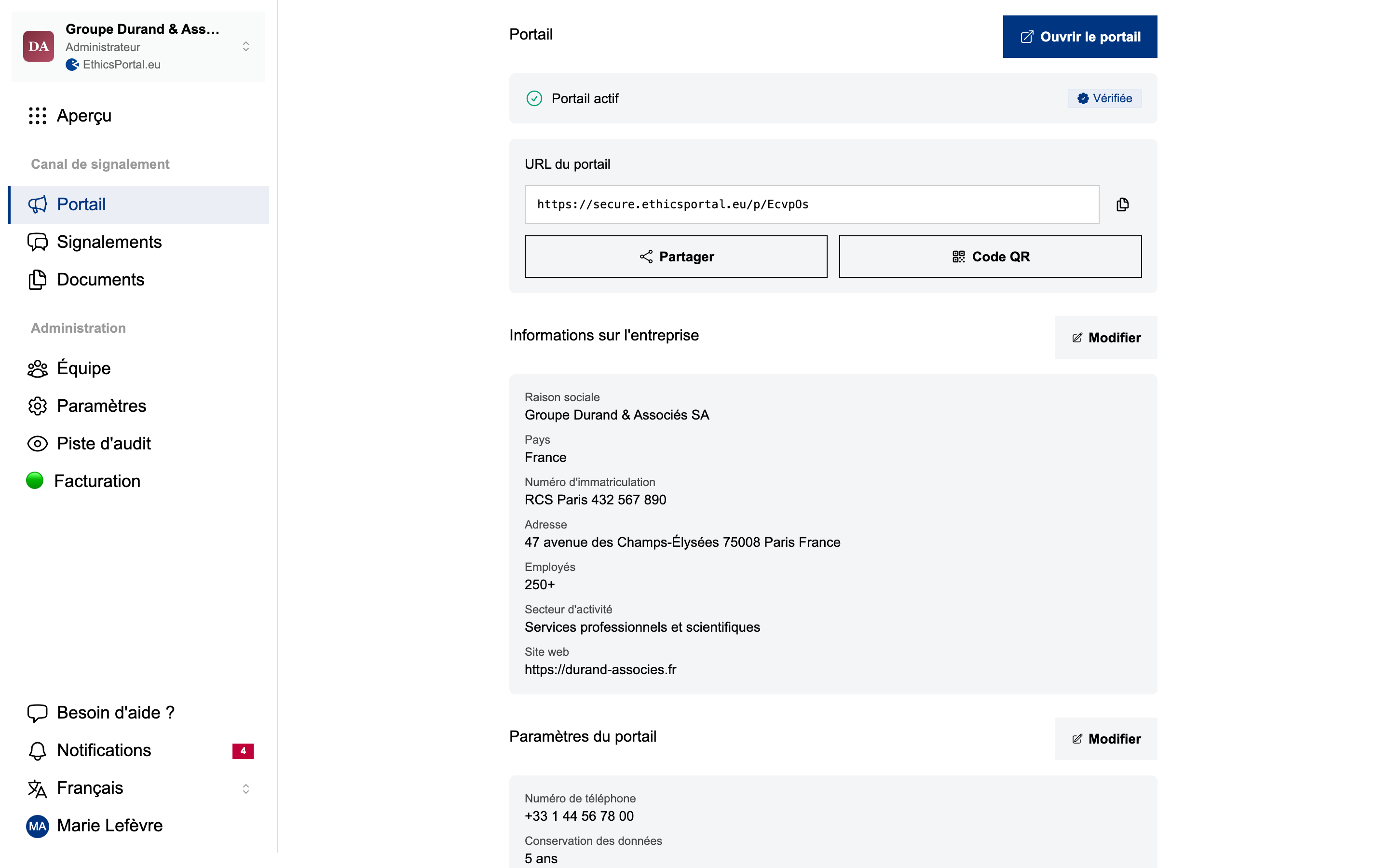 Interface de configuration du canal