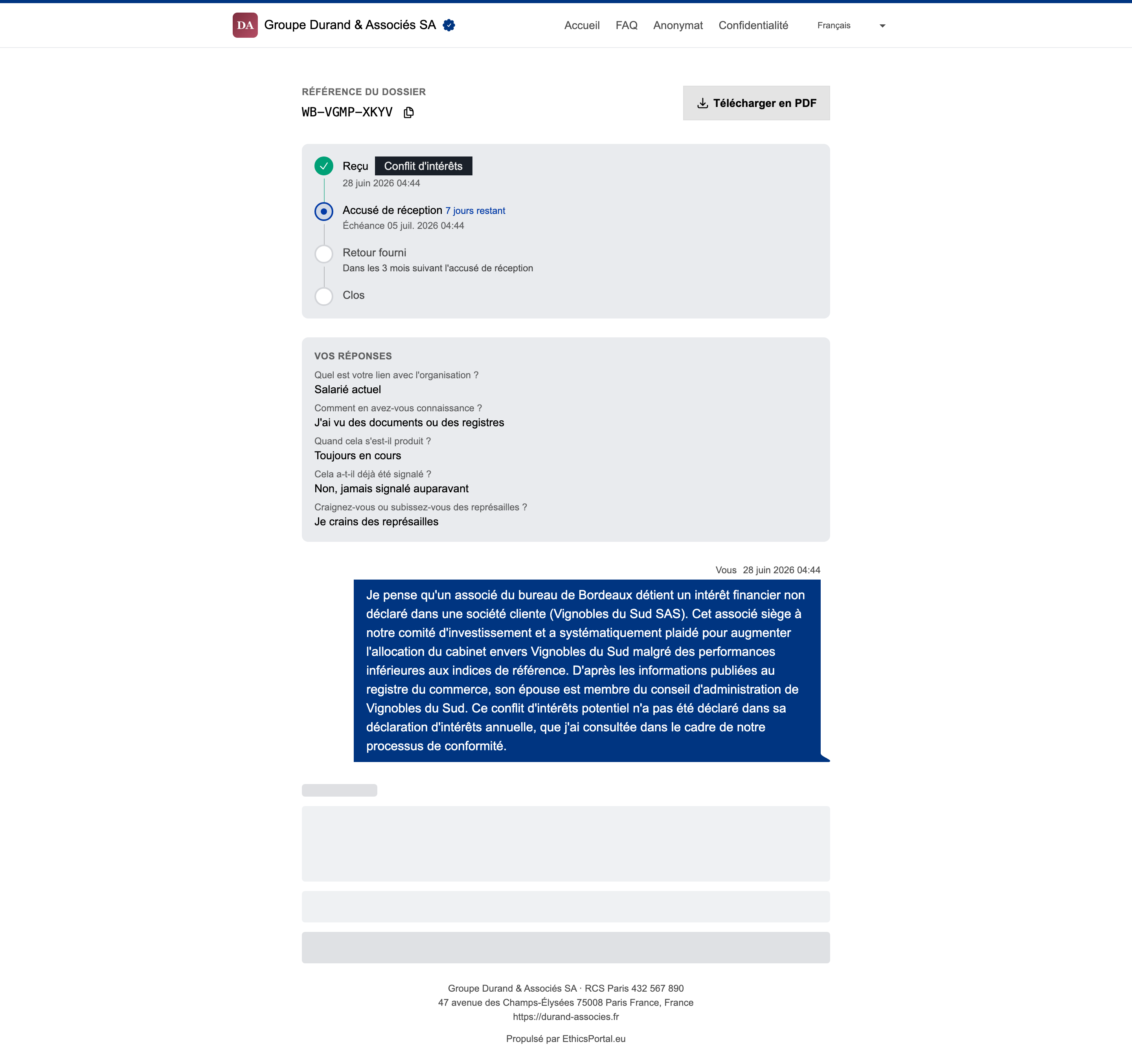 Vue du signaleur sur son propre dossier avec messagerie sécurisée bidirectionnelle