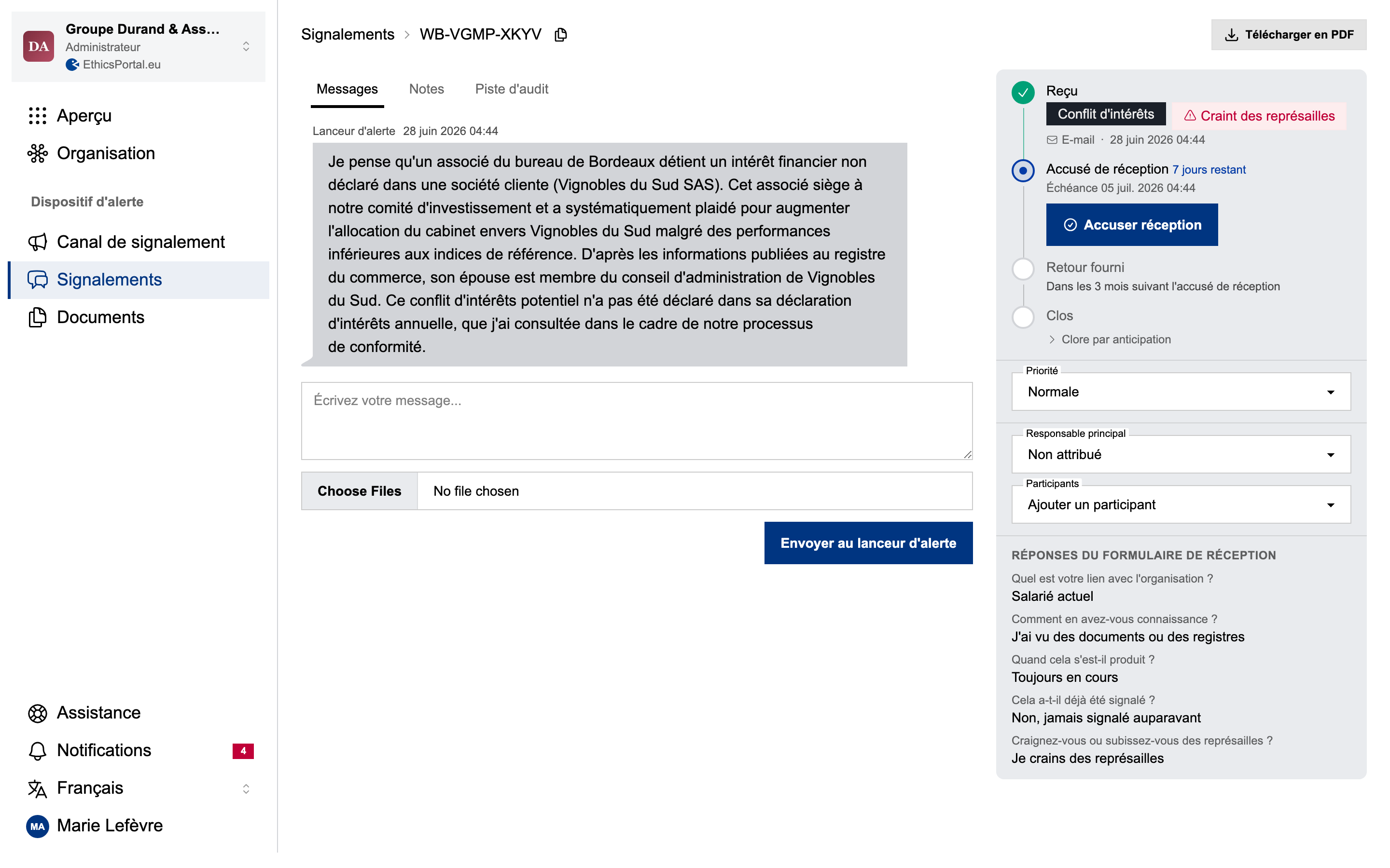 Vue d'un dossier individuel avec messagerie sécurisée, délais et journal d'audit