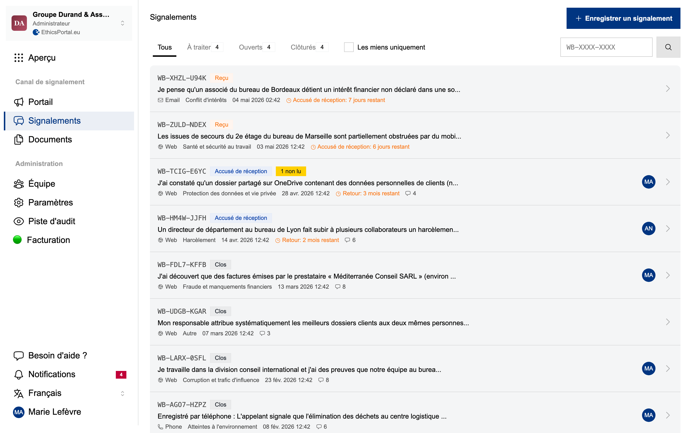 Liste des signalements EthicsPortal et portail mobile utilisé par les salariés