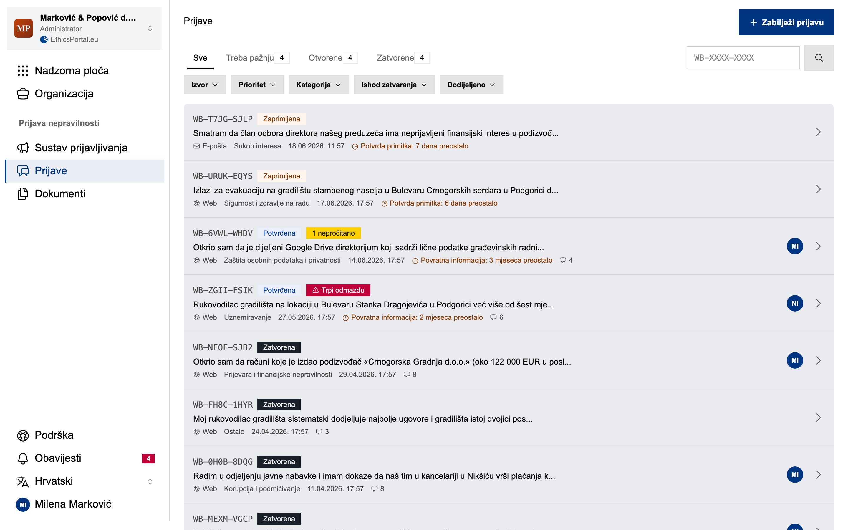 Popis predmeta u EthicsPortalu uz mobilni portal za prijavu koji radnici koriste
