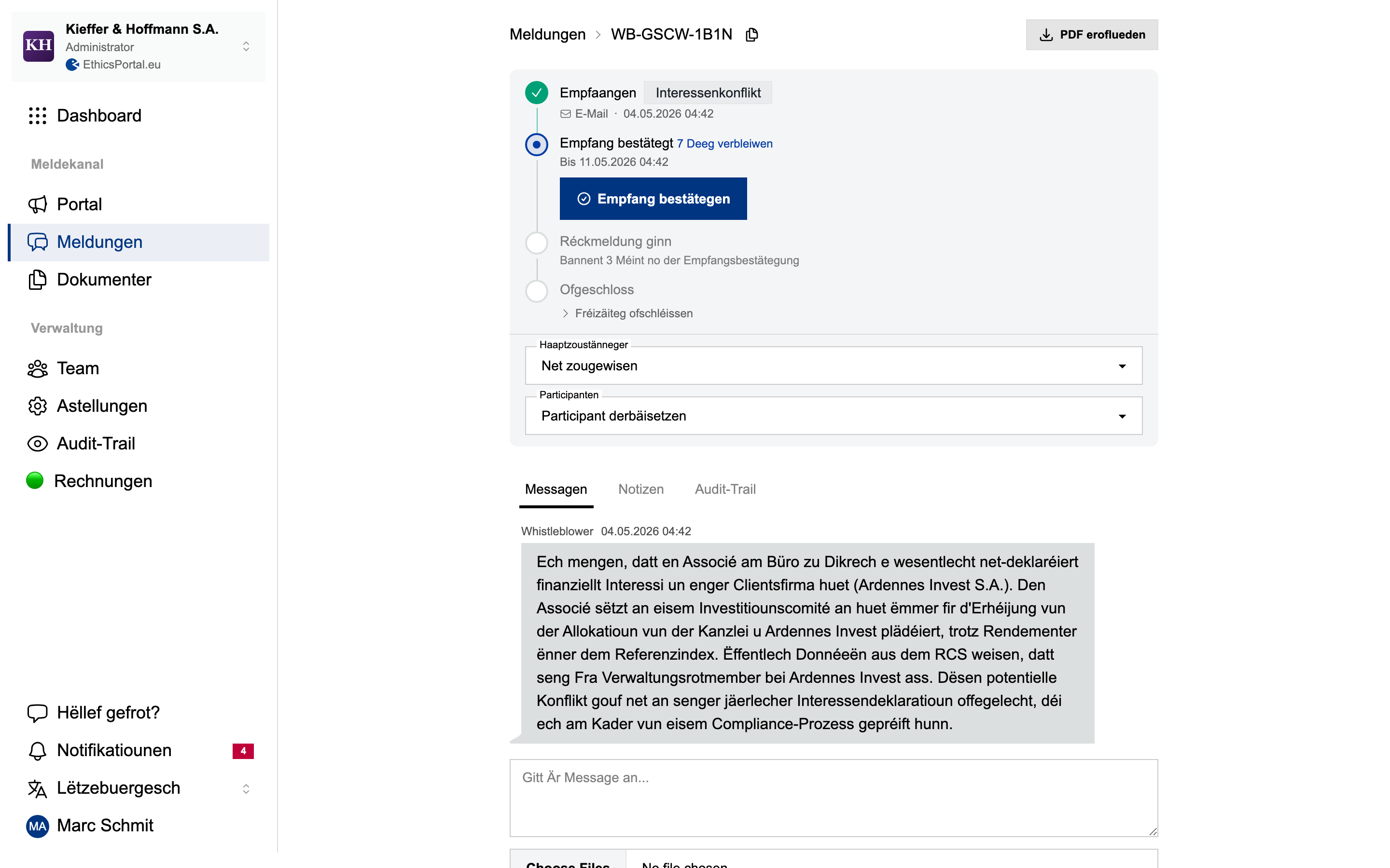 Eenzel Fallusicht mat séchere Kommunikatioun, Fristen an Audit-Spuer