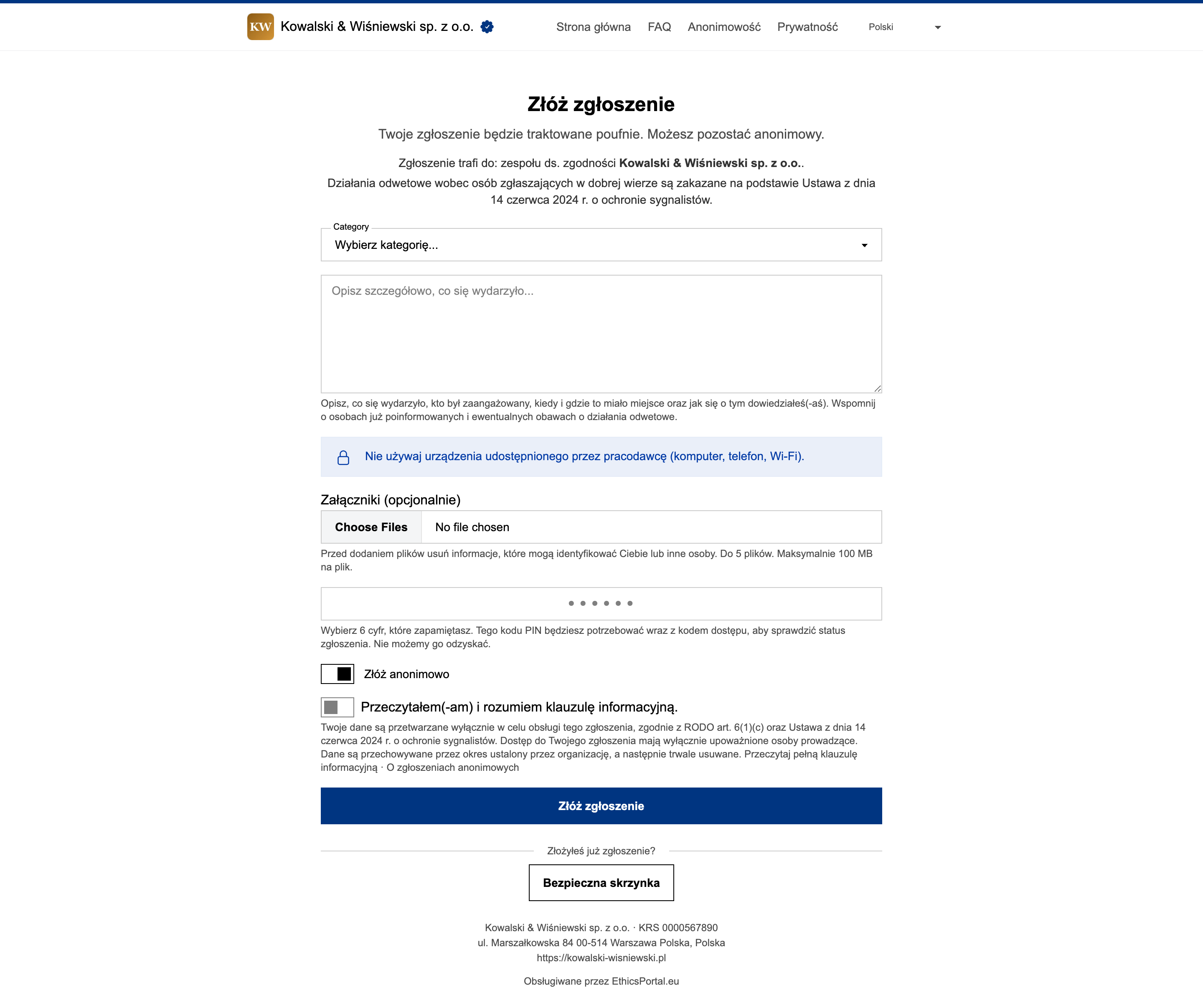 Anonimowy formularz zgłoszeniowy