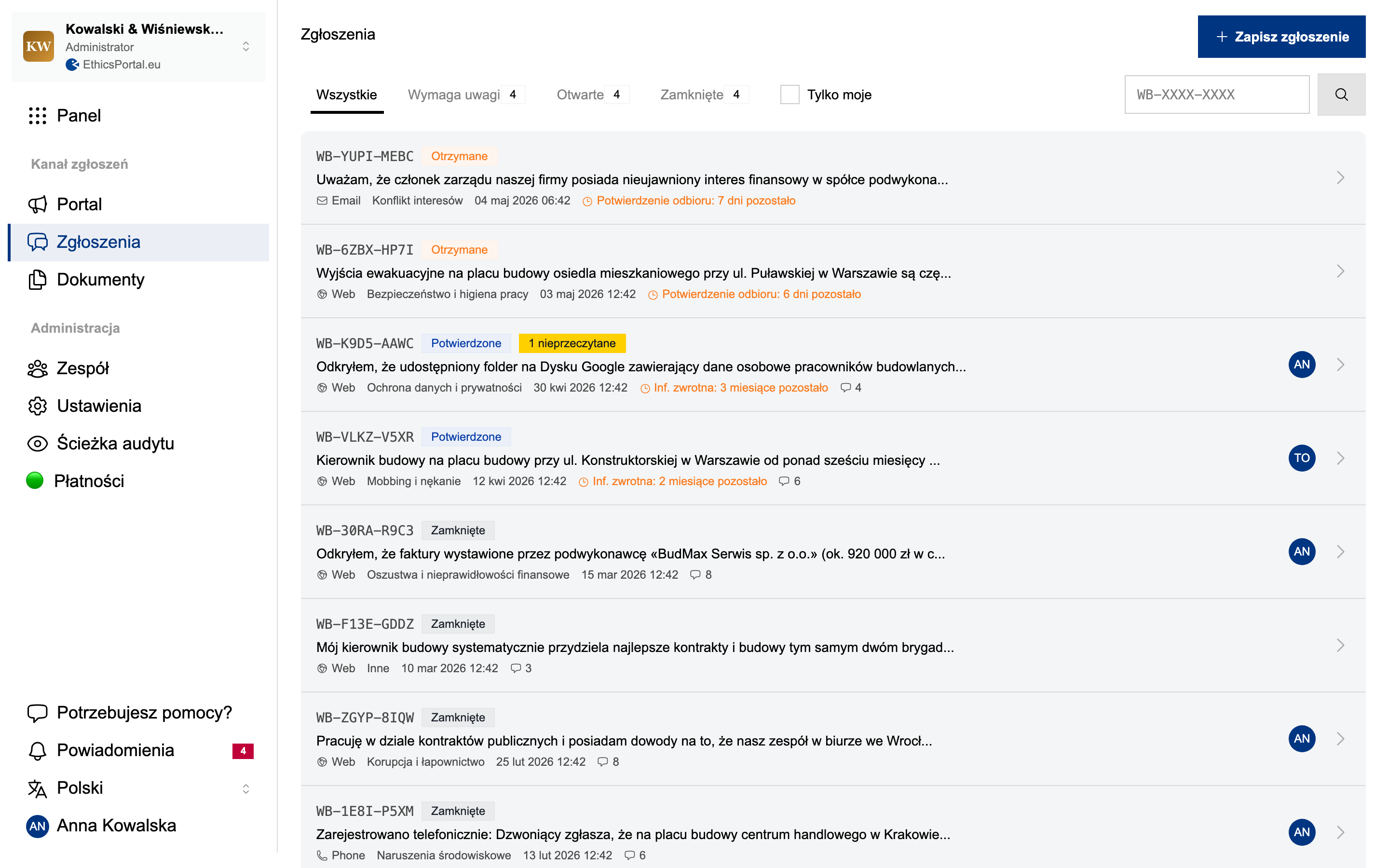 Lista zgłoszeń EthicsPortal i mobilny portal używany przez pracowników