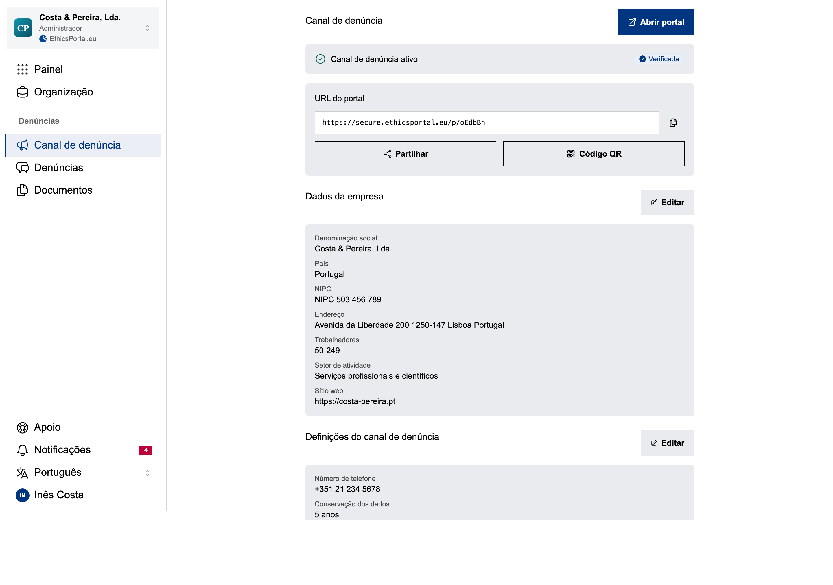 Interface de configuração do portal