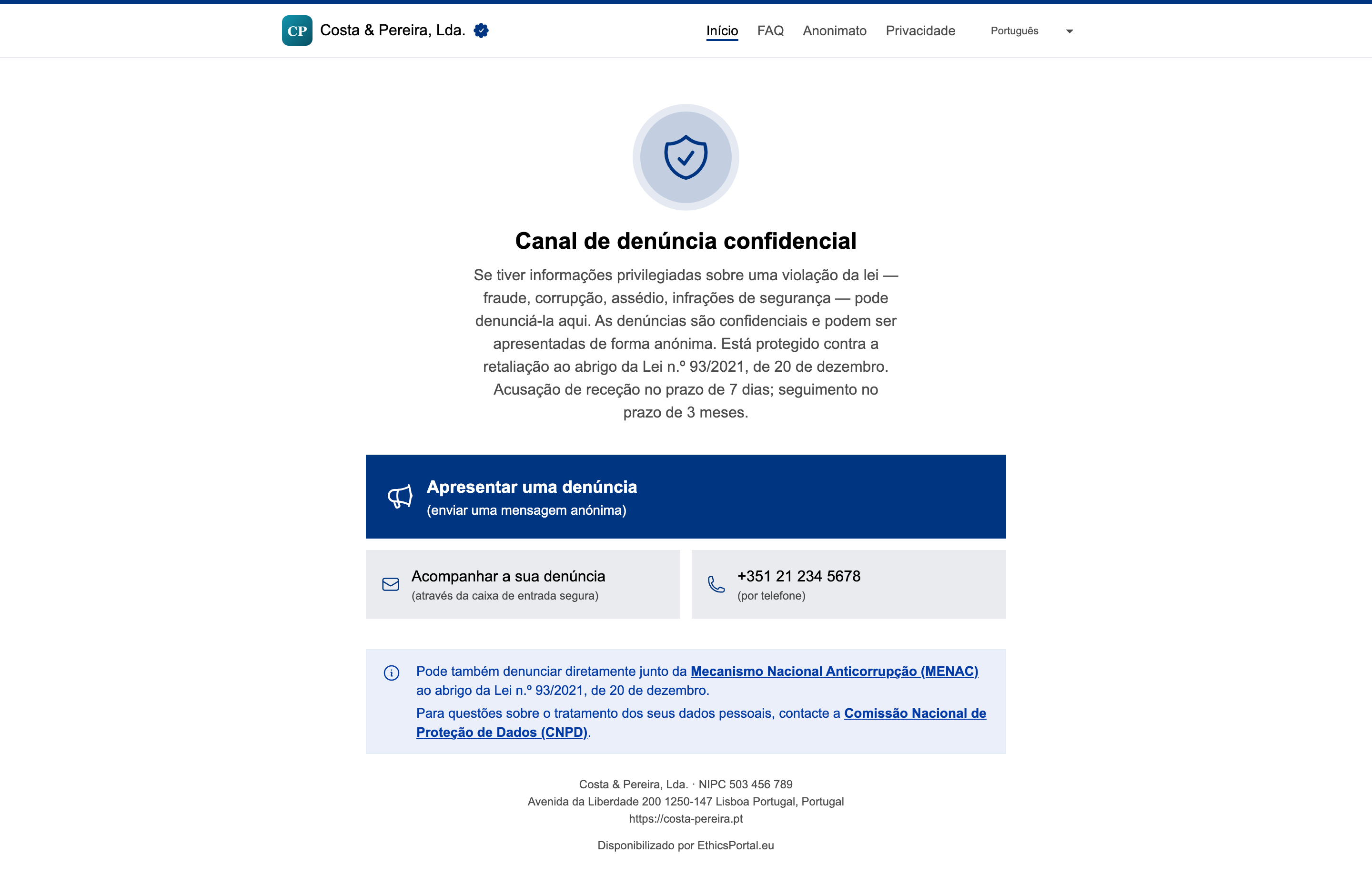 Partilha do link e do código QR do portal